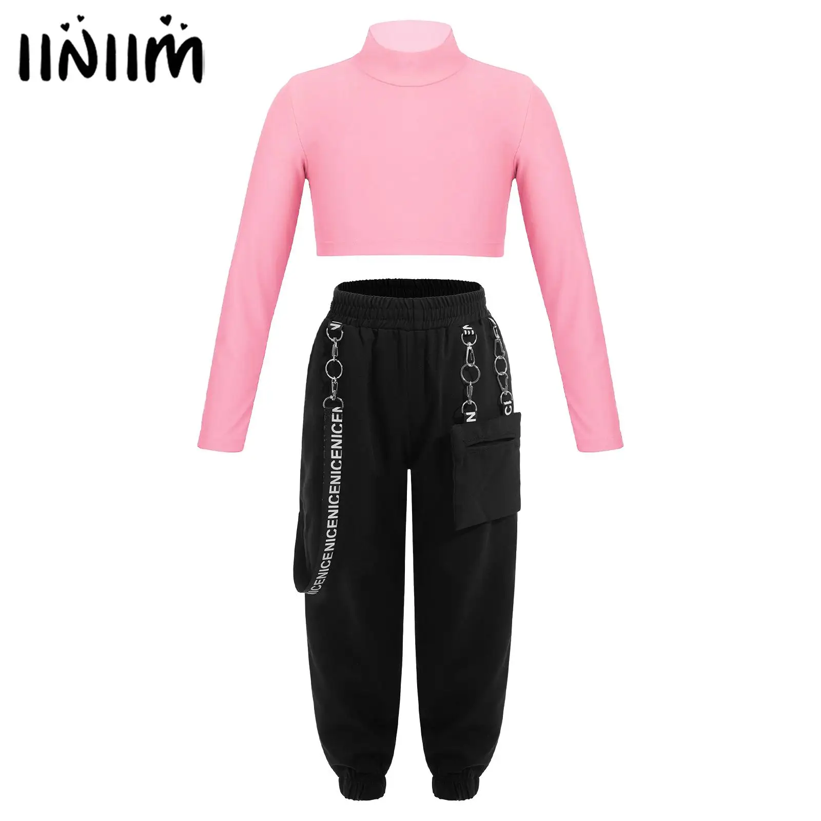 

Kids Girls Gymnastics Ballet Dance Outfit Long Sleeve High Neck Crop Top with Chain Pocket Sweatpants Jazz Hip Hop Dancewear