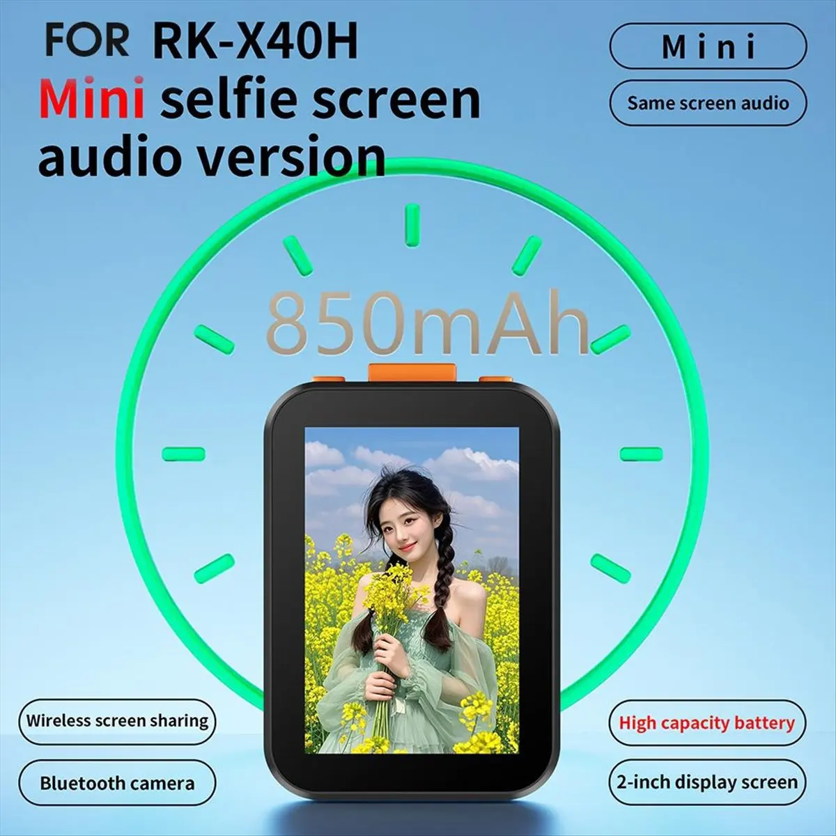 RK-X40H 무선 셀카 모니터 화면 850Mah 블루투스 셔터 초점 조정 전화 스탠드 셀카 Vlog-TCES
