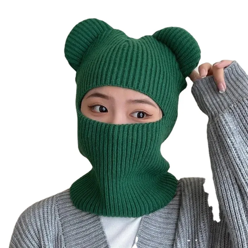 New Wome's Cute Full Face Cover Ski Mask Hat with Bear Ear Balaclava Knitted Hats Windproof Skullies Beanies Bonnet Winter Warm 5
