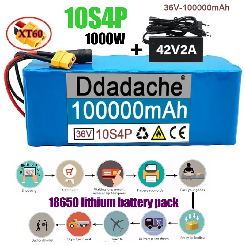 

10S4P original lithium battery pack 36V100Ah10000W large capacity 18650 electric bicycle with BMSXT60 plug + charger