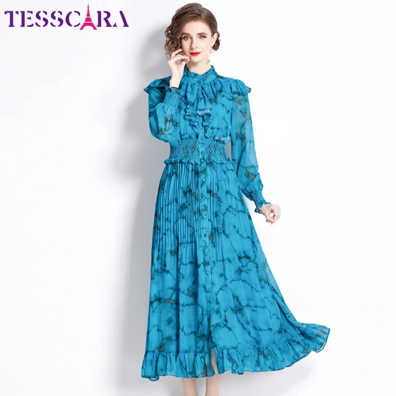 TESSCARAWomenSpringAutumnElegantBlueDressShirtHighQualityLong