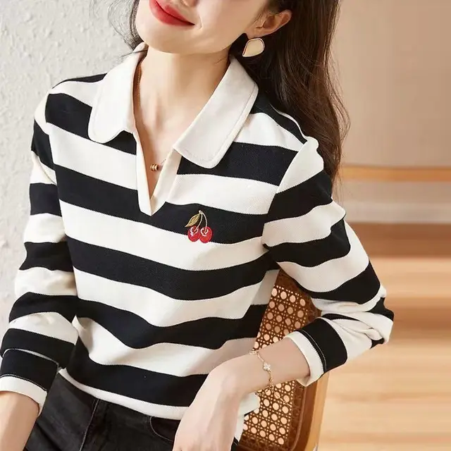 Women Korean Fashion Striped Print Elegant Polo Collar T-shirt Spring Autumn Female Casual Long Sleeve Loose Chic All Match Tops