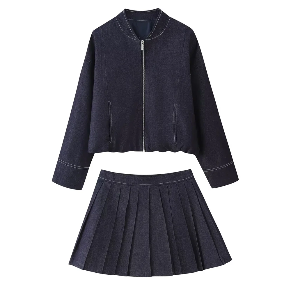 2025 New Women's Clothing European and American Style Fashion Design Balloon shaped Cowboy Pilot Jacket&Short Skirt Set