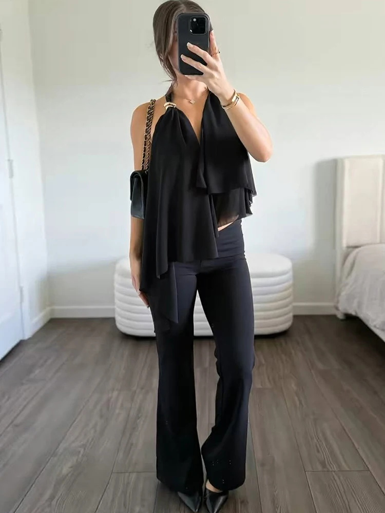 Nibber Elegant Metal Trim Tank Tops Woman Mesh Patchwork Halter Low-Neck Backless Ruched Ruffles Decoration 2026 New Style Vests