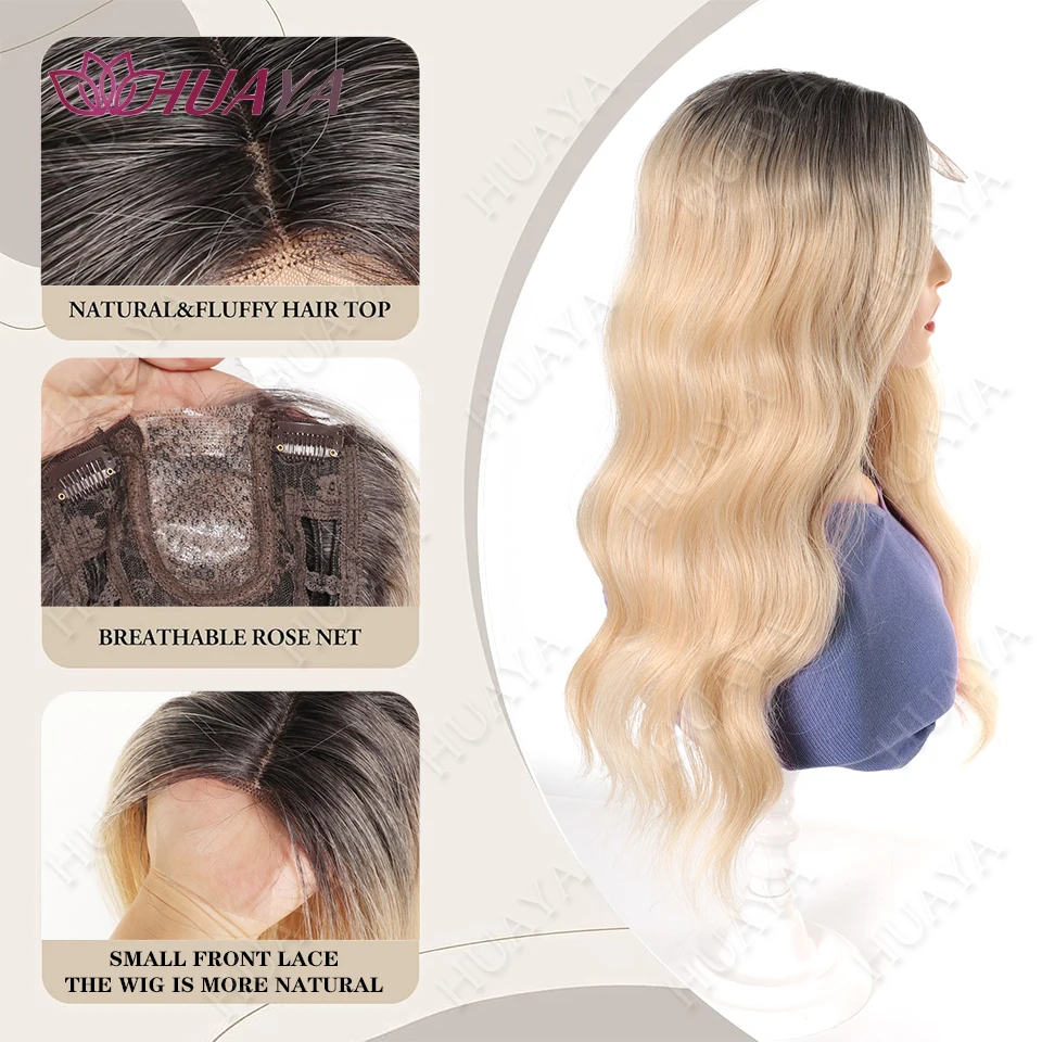 22 inch Synthetic Topper Wigs for Women Wave Head Top Hair Clip Topper Hair Extensions Middle-part Bangs with Front Small Lace