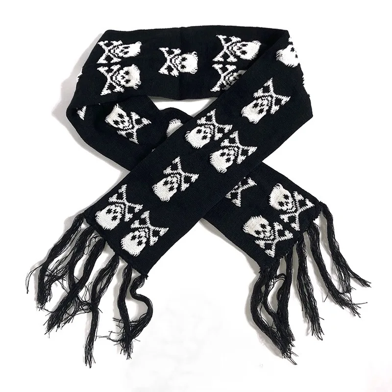 Punk Harajuku Japan Scarf Gothic Y2k Hot Girl Subculture Skull Scarves Warm Knit Scarf Black White Winter Scarves