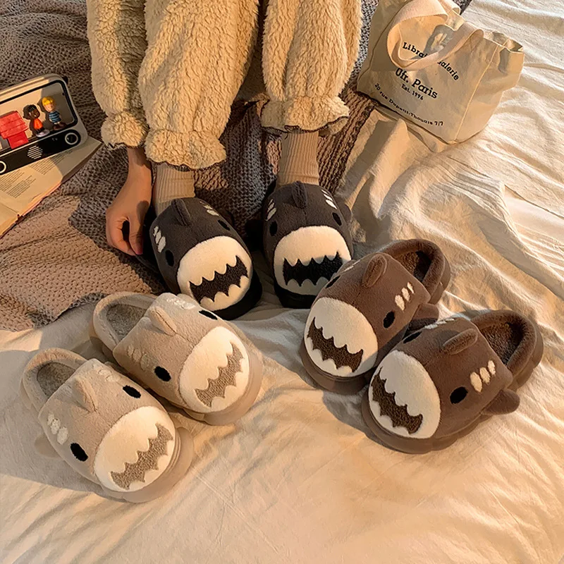 Furry Cartoon Shark Slippers Couple Warm Plush Winter Home Cotton Slippers Soft Sole Non-slip Women Men Indoor Fur Slides