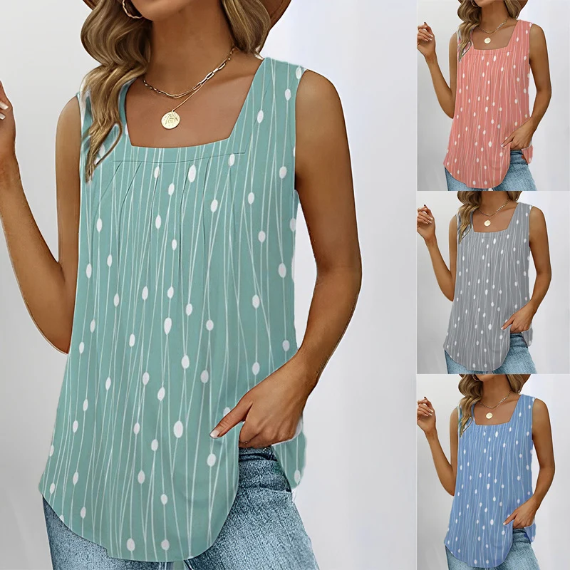 

Women Summer Vest Loose Polka Dot Print Square Neck T-Shirt Sleeveless Casual Tank Tops Fashion Oversized Pleated Solid Tops