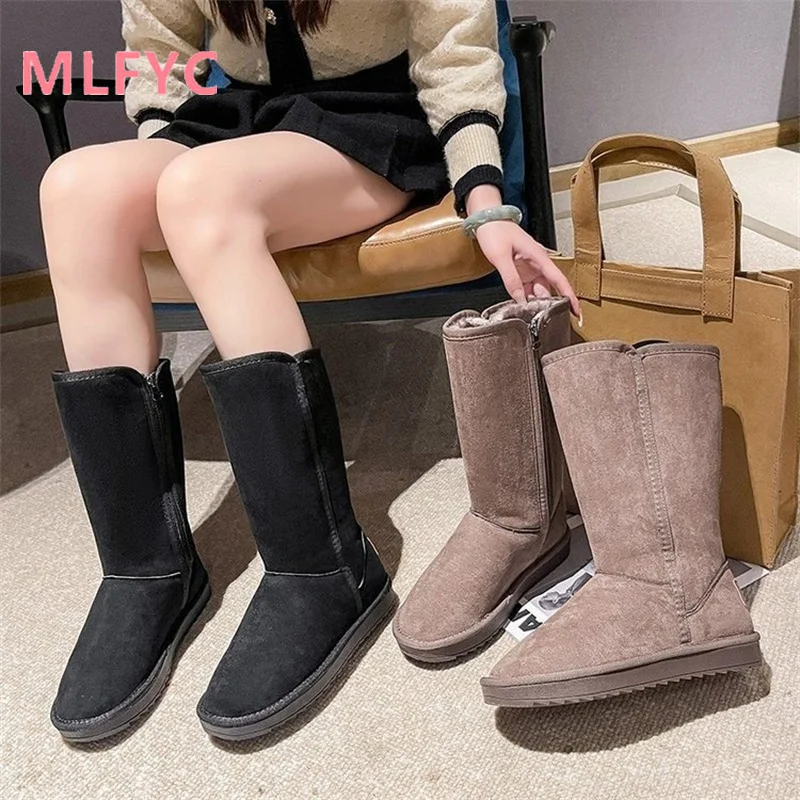 Long tube side zippered snow boots women high tube plush round toe thick soled cotton shoes winter oversized snow cotton shoes