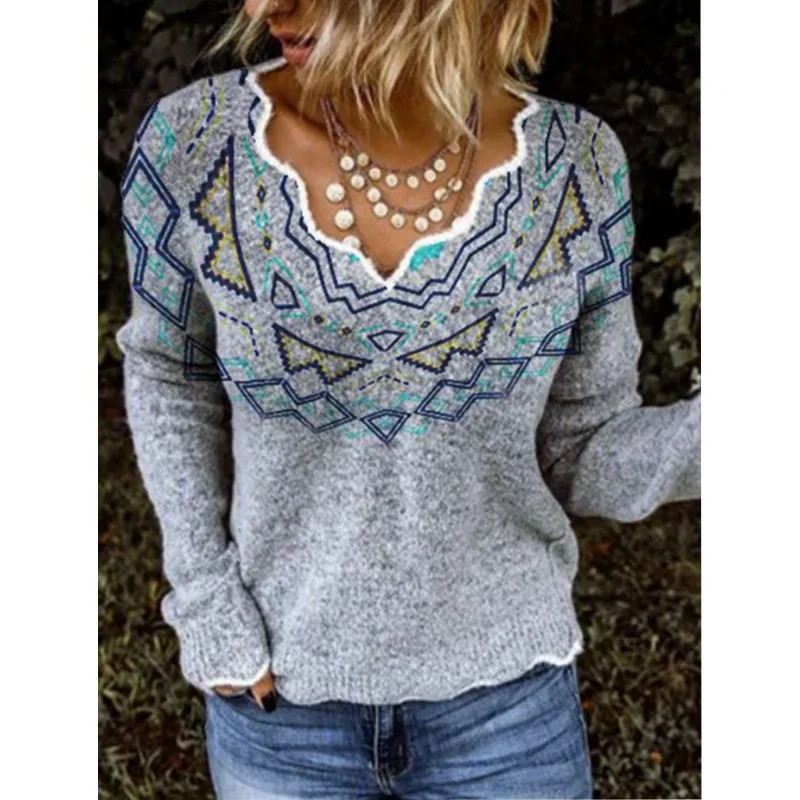 

2022 Autumn Women's Fashion Loose Personalized Embroidery V-Neck Print Long Sleeve