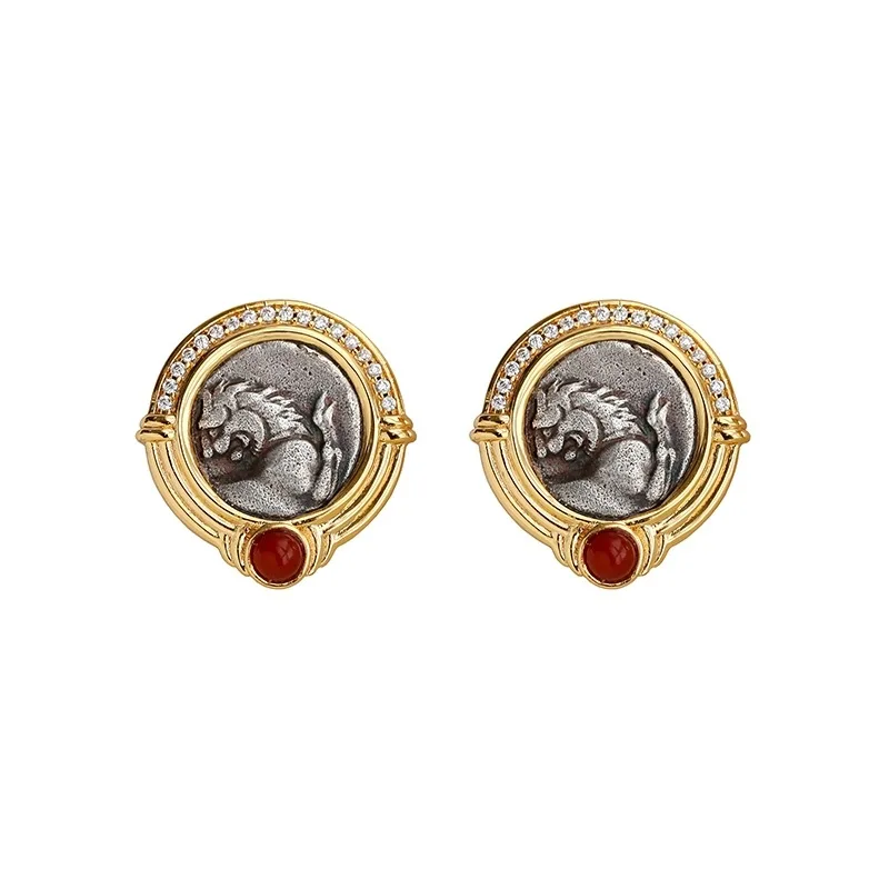 

Ancient Greek lion antique silver coin earrings woman retro red and green agate 925 silver coin earrings