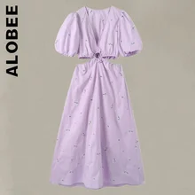 Alobee Women New Floral Embroidery Poplin Hollow Out Midi Dress Puff Sleeve Backless Dresses Robe Soft Female Dresses Woman 