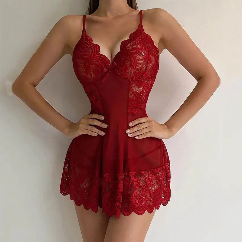 G-string Nightgown Set For Sexy Woman Summer Night Dress Ultra-thin See-through Pajama Sets Lace Sleepwear Suspender Lingerie