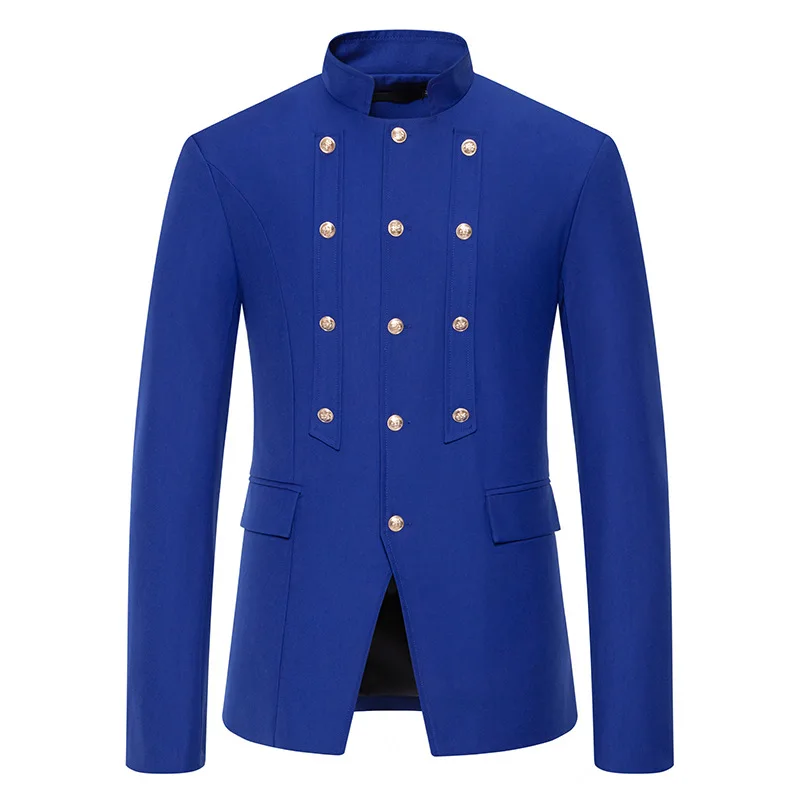 

Men's Blue Court Blazer For Banquet Party Three-breasted Mandarin Collar Suit Coats Male Gentleman Wedding Prom Dinner Clothing