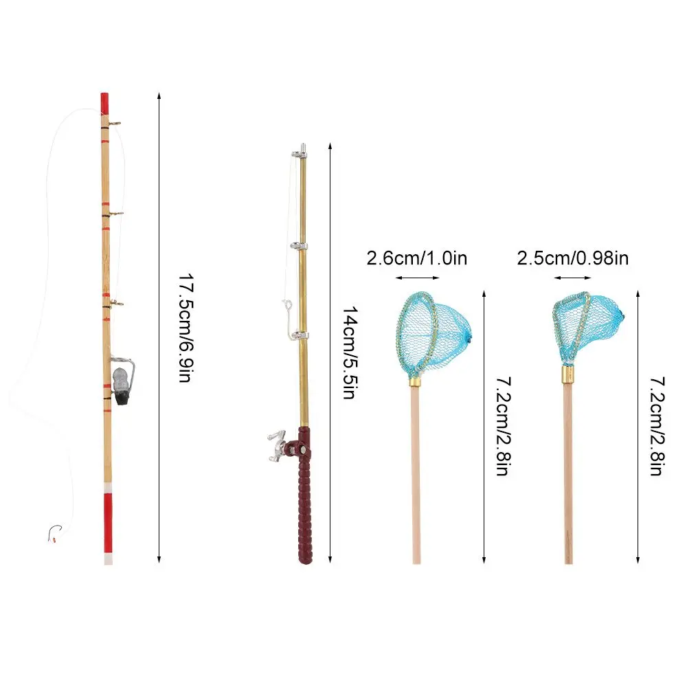 1:12 Scale Miniature Fishing Rod Fish Pole Trammel Net Dollhouse Decoration Doll Accessories Scene Model Micro Landscape 6