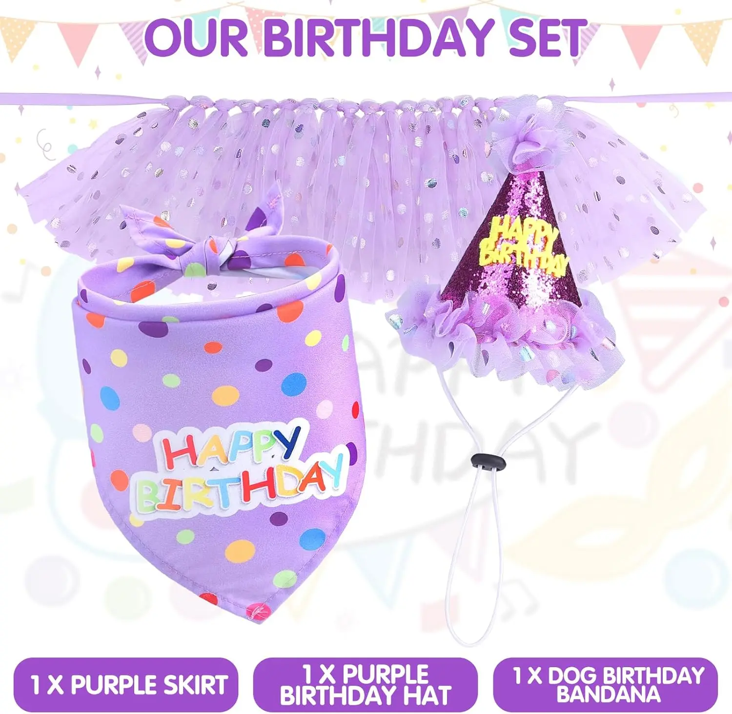 Dog Birthday Bandana with Hat and Dress Girl Set Cute Tutu Skirt Outfit for Small Medium Large Dogs