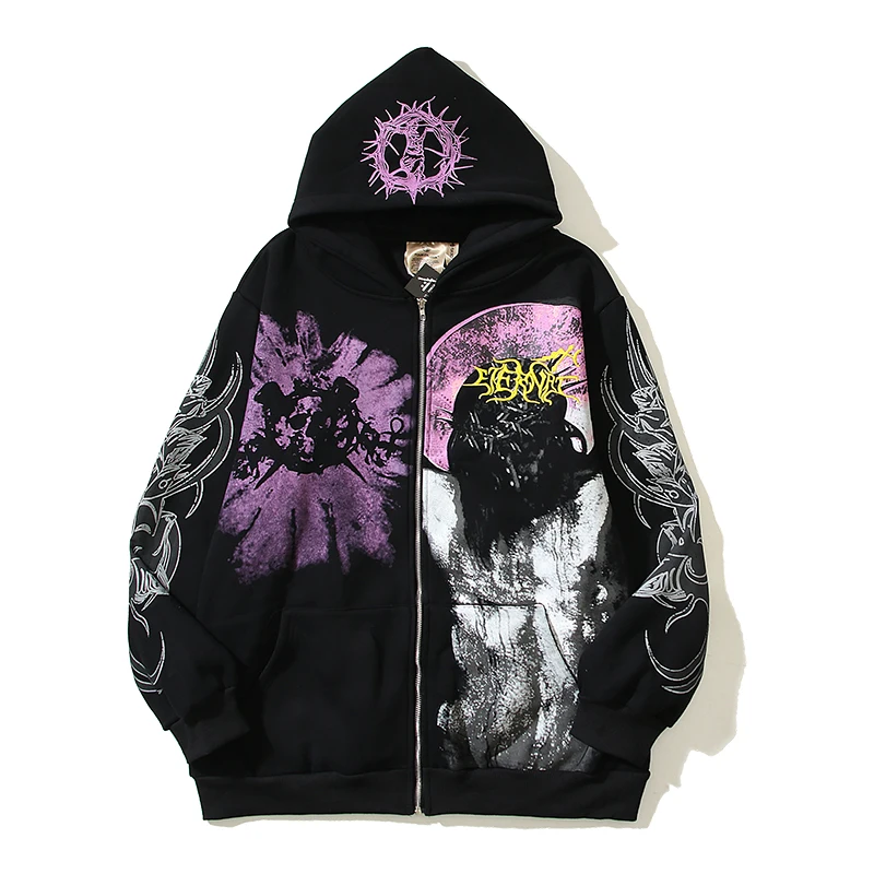 

2023 High Street Skulls Embroidery Zip Up Hoodie for Men Loose Relaxed Hoody Y2k Oversize Long Sleeve Hooded Pullover Hip Hop