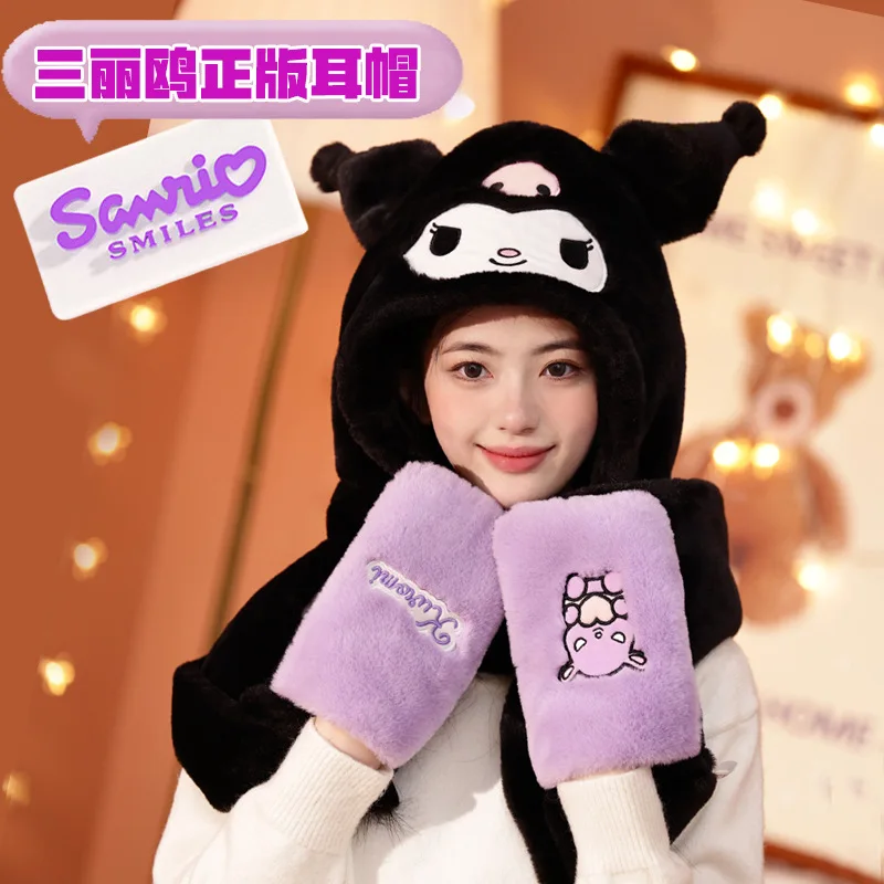 

Шапка-ушанка Sanrio Kuromi Melody женская цельная шапка перчатки шарф шапка Комплект из трех предметов зимний теплый шарф для велоспорта на открытом воздухе милый подарок