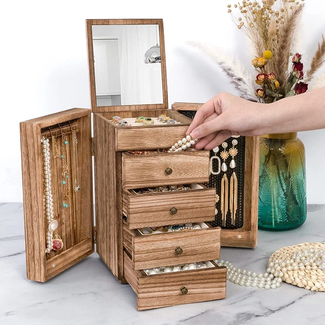 5-Layer Large Organizer Box Mirror & 4 Drawers for Ring Earrings Necklaces  Vintage Style Torched