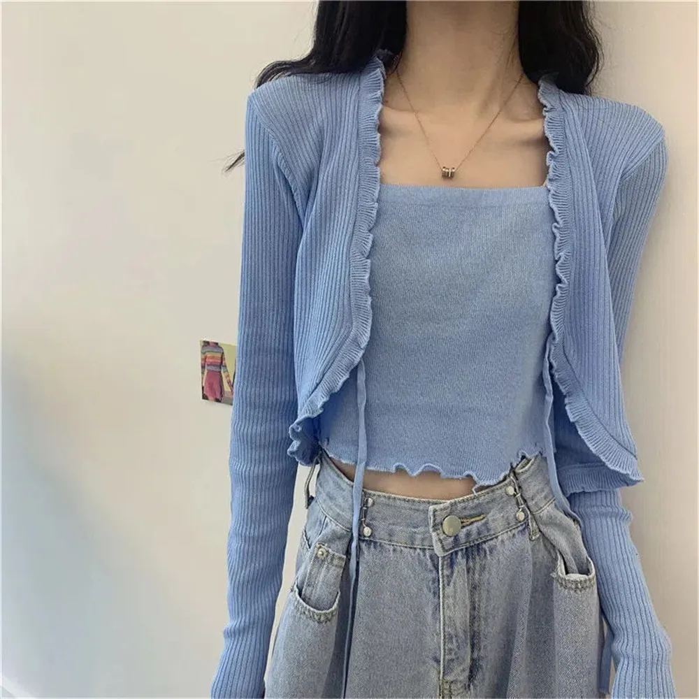 

Womens Ruffle Cardigan One Pieces Top Knitted Short Sweater Korean Clothing 2023 Lace Up Cardigans Thin Slim Crop Tops Pullover
