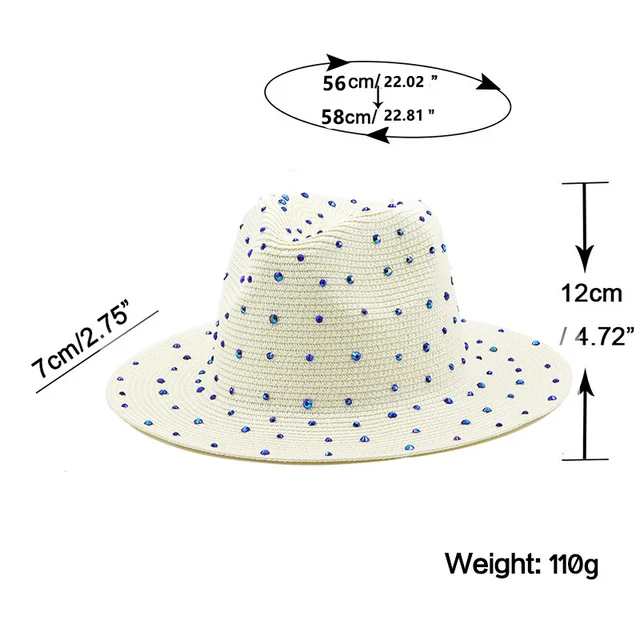 Luxury Diamond Panama Soft Shaped Straw Hat Summer Women Wide Brim Beach Sun Cap Uv Protection Girl Fedora Hat 6