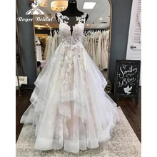 

Luxury Ivory Lace Blush Pink Wedding Dresses Tulle Sleeveless A-Line Court Train Custom Made Floor-Length Bridal Gowns