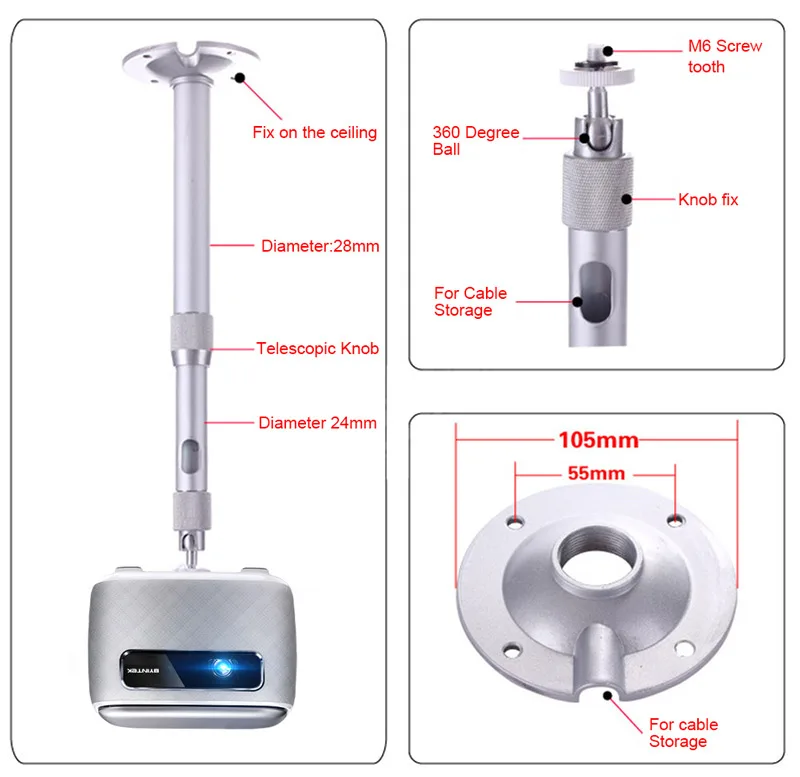 Mini Ceiling Mount Bracket 20cm to 40cm Adjustable for Mini Projector K8 K9 K18
