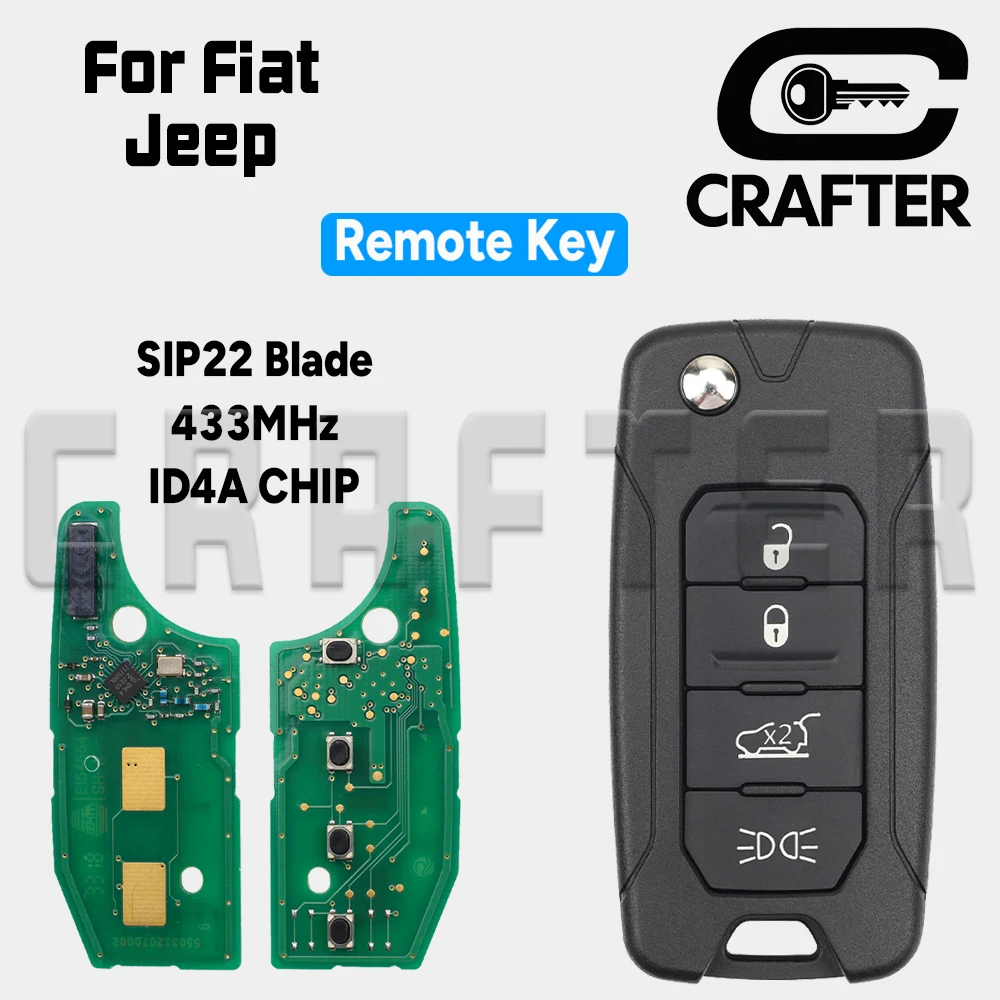Key Crafters Folding Remote Car Key 433MHz ID 4A CHIP With Light Button For Fiat 500 Jeep Renegade Flip SIP22 Key