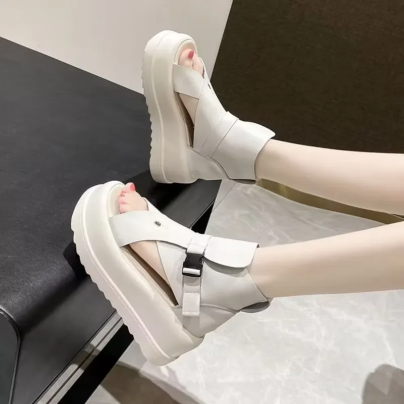 

Soft Leather Fish Mouth Cutout Cool Boots High Heel Open Toe Retro Thick Sole Roman platform Sandals zapatillas deportivas mujer