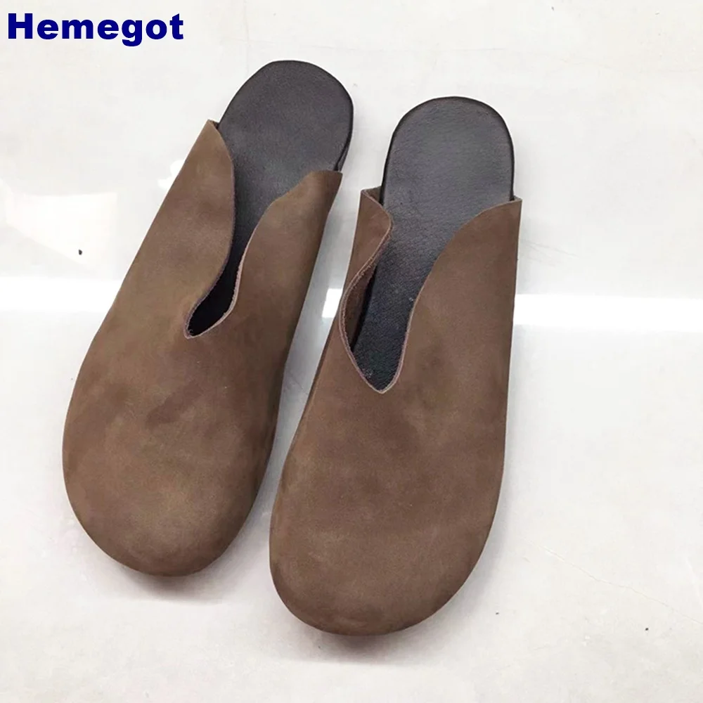 Round Toe Genuine Leather Retro Slippers 2024 Summer Outdoor Casual Solid Color Flat Slippers Women Slip On Closed Toe Slides