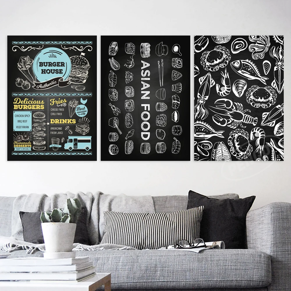 

Canvas Restaurant Blackboards Printed Seafood Poster Home Decor Vegan Painting Americand Wall Art Americand Picture Living Room