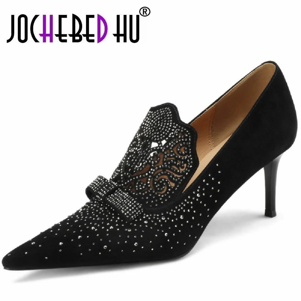 

【JOCHEBED HU】Brand Wedding party dress Genuine Leather shoes Silver rhinestone woman thin high heels pointed toe female pump
