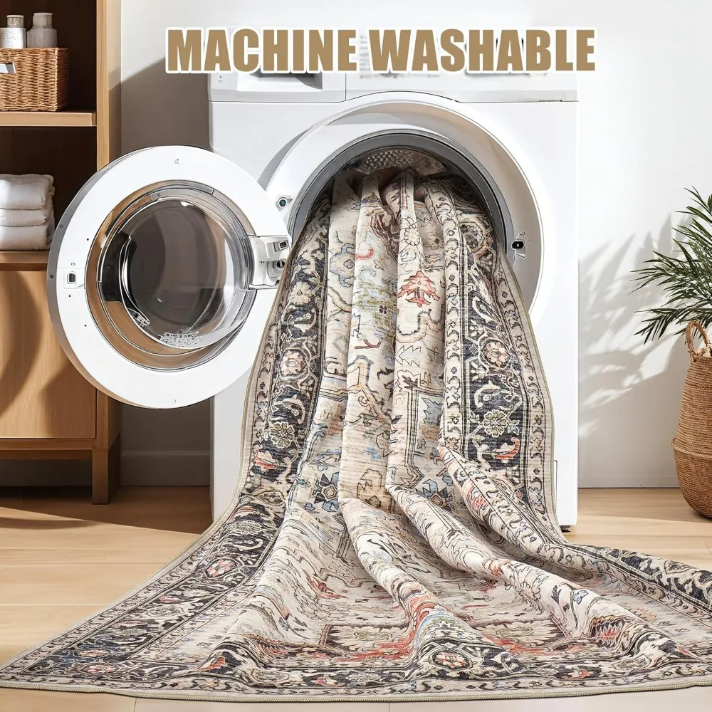 Area Rug Living Room Rugs -Soft Machine Washable Oriental Vintage Floral Distressed Rug Large Indoor Floor Carpet