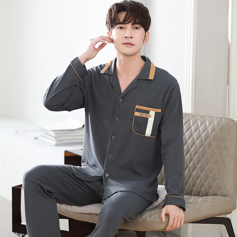 

Мужской пижамный комплект, брюки с длинным рукавом, мужская осенне-зимняя одежда для сна, Хлопковая пижама, мужская повседневная домашняя одежда, костюм из 2 предметов