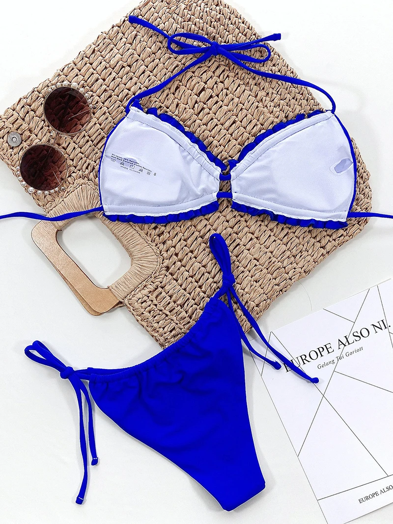 Ruffle Two-piece Suits 2022 Sexy Push Up Bikini Blue Pleated Wavy Neon Swimsuit Women Halter Bandage Thong Swimwear Bathing Suit purple bikini set