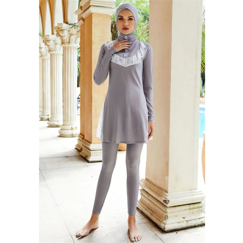 Nuove Donne Costume Da Bagno Musulmano Costumi Da Bagno 3 Pezzi Set Tinta Unita Manica Lunga Top Lunghi Pantaloni Burkini Costumi Da Bagno Bagno Coper
