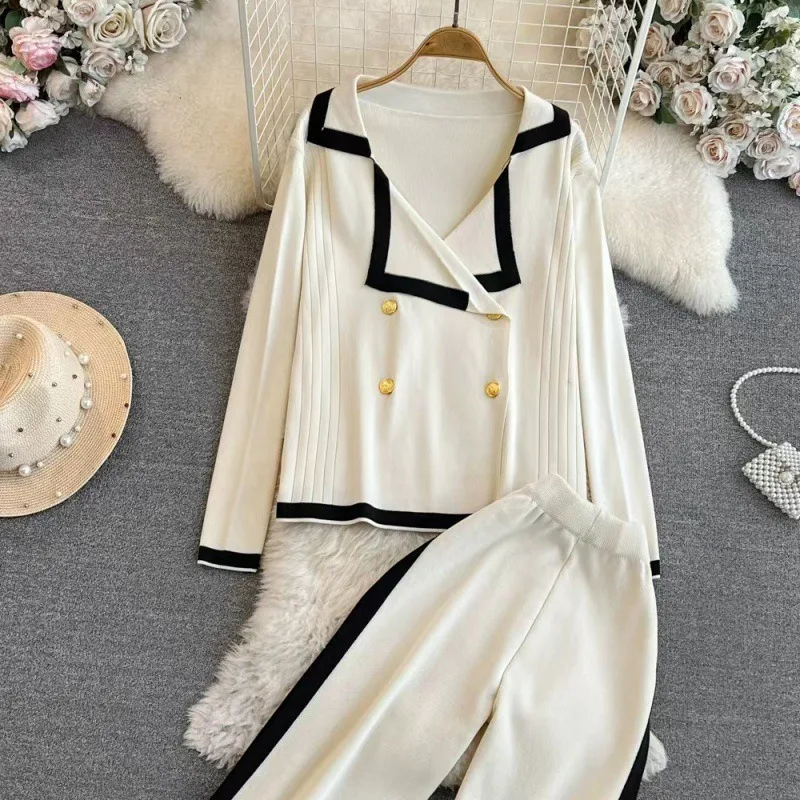 Long-sleeved Suit Wide Leg Pants V-neck Knit Cardigan High Waist Straight Leg Women Womenswear Design Tops Double Breasted