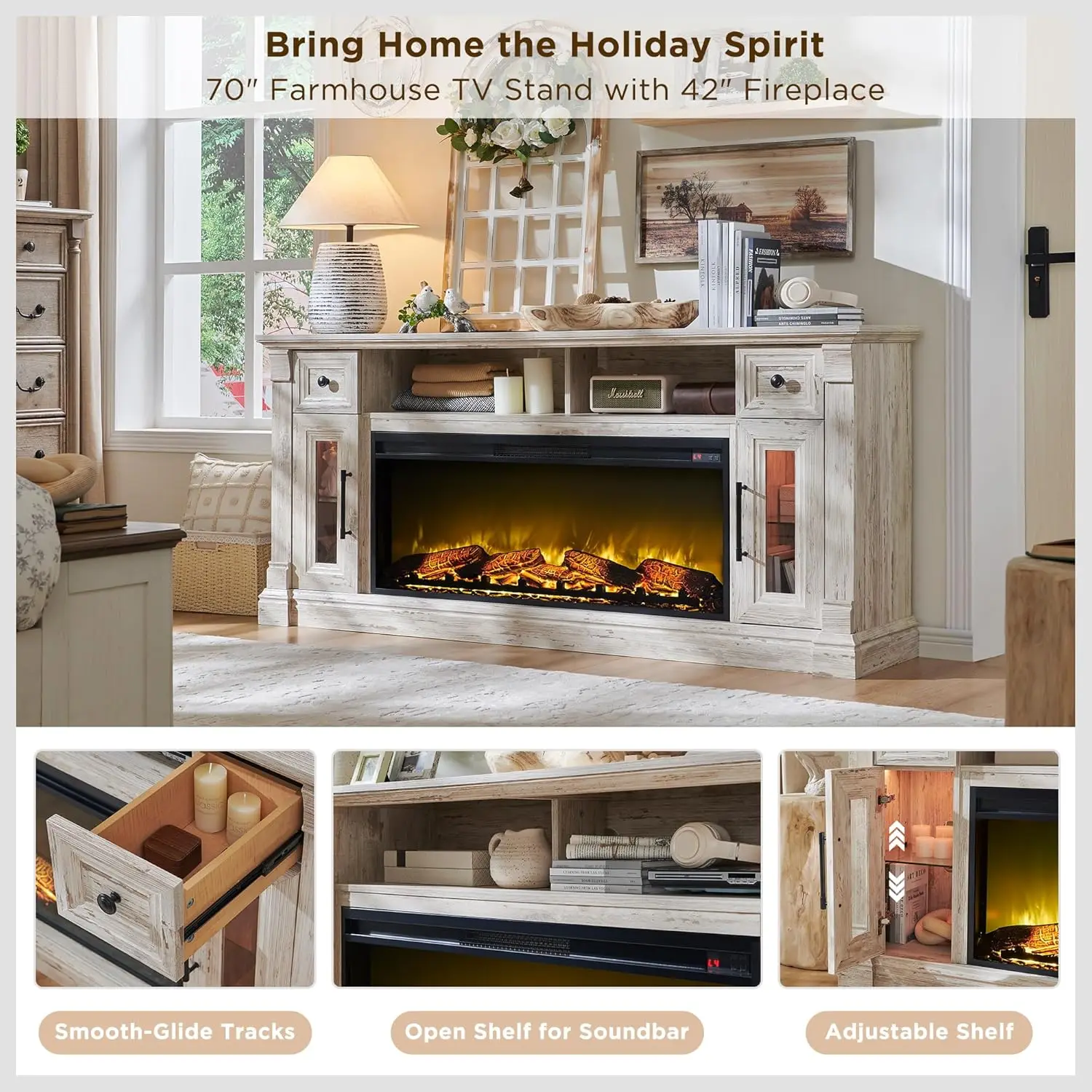 Fireplace TV Stand - Farmhouse Entertainment Center with 42" Electric & LED Lights, Wood Media Console , Antique Brush White 3