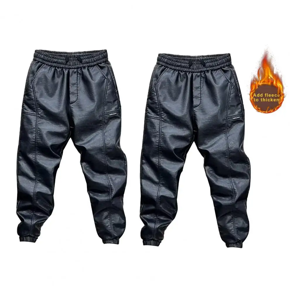 Description Picture 2 of itemVelvet Pants Men's Windproof Waterproof Faux Leather Pants with Elastic Waist Ankle-banded Patchwork for Cycling for Outdoor