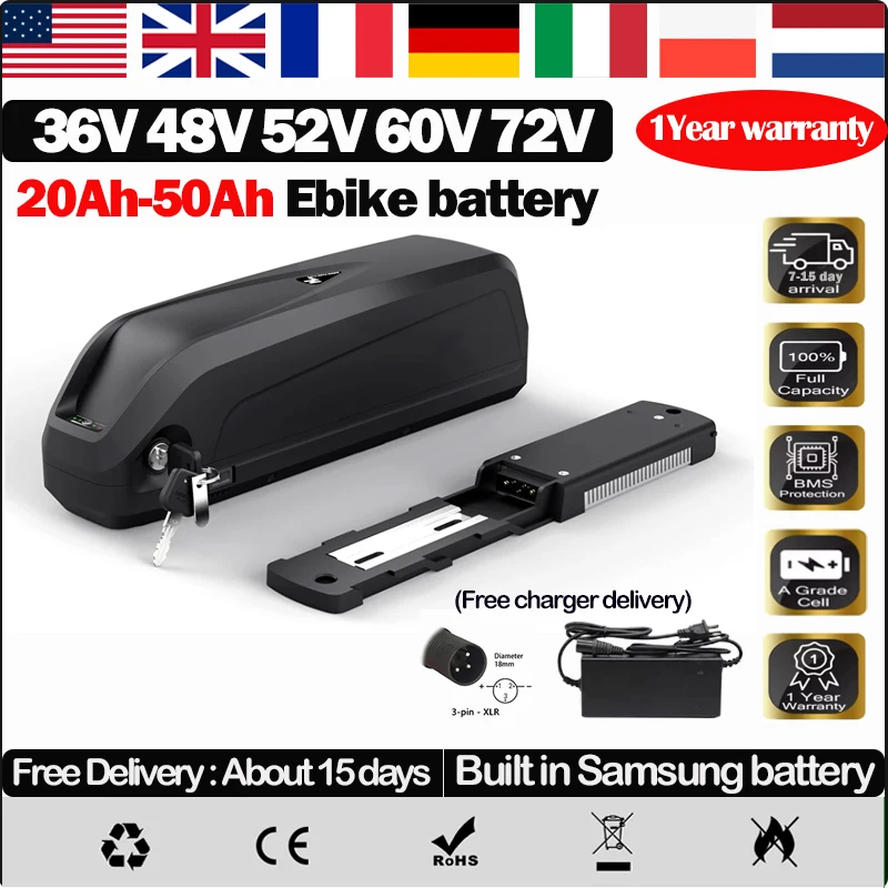 36V48V52V E bike Battery 20 30 40ah 50ah 60ah Electric Bicycle Bike Batteria Hailong 18650 Cells 60v72v Bafang 750w 2000w 3000w