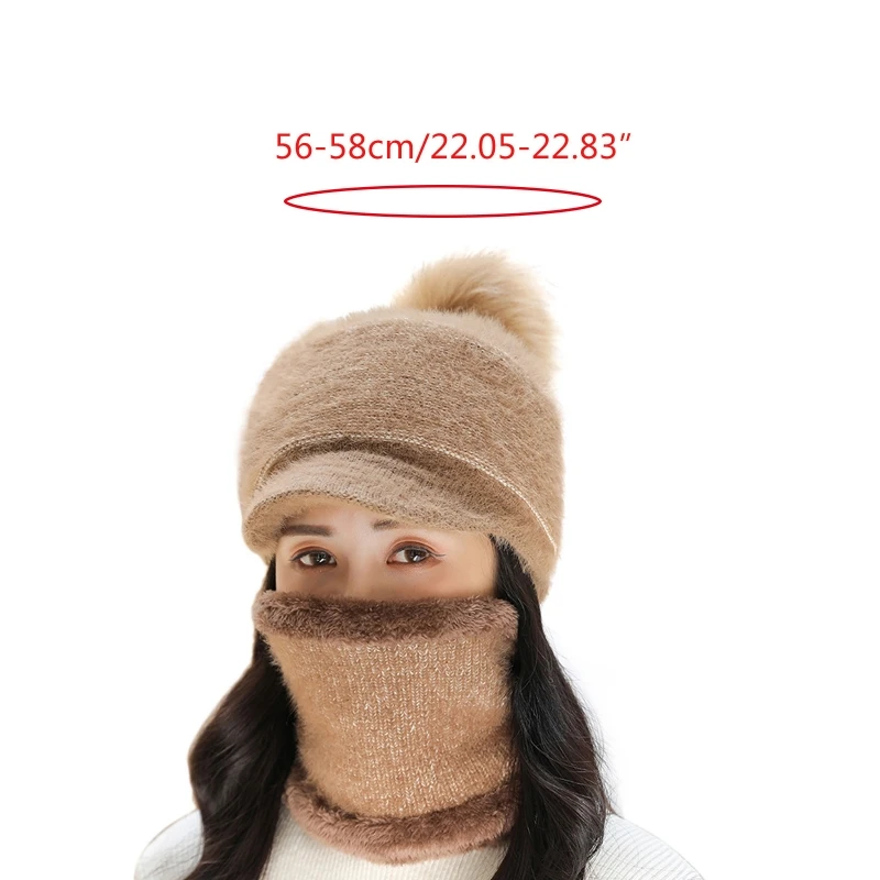 새로운 스타일 여성 겨울 2Pcs 세트 바이저 비니 모자 스카프 니트 플러시 줄 지어 Skullies 야구 모자 Windproof 목