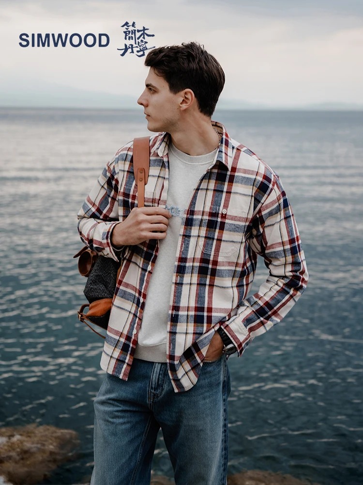 Denim Shirt SIMWOOD High Standard Series Autumn 280gsm Flannel Fabric Plaid Shirts Oversize Check