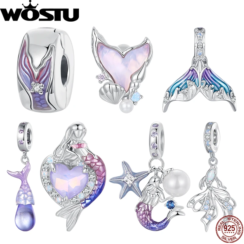 WOSTU 925 Sterling Silver Enamel Mermaid Charm Transparent Purple Fish Tail with Pearl Fit DIY Bracelet Gift for Mother's Day