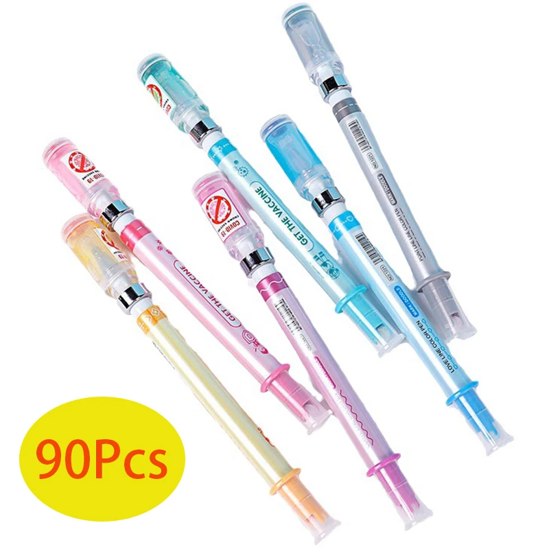 

90Pcs Children's Simulation Needle Pens Neutral Pen Needle Cylinder Shape Stationery Black Pens