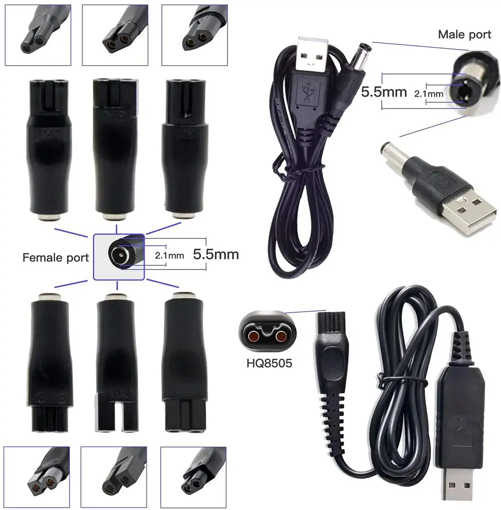 Universal 8 PCS Power Cord 5V Replacement Charger USB Adapter Suitable for All Kinds of Electric Hair Clippers