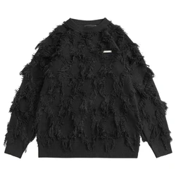 Black White Y2K Sweaters Fashion Hip Hop Jumpers Knitted Pullovers Distressed Tassel Sweaters Men Oversized Streetwear