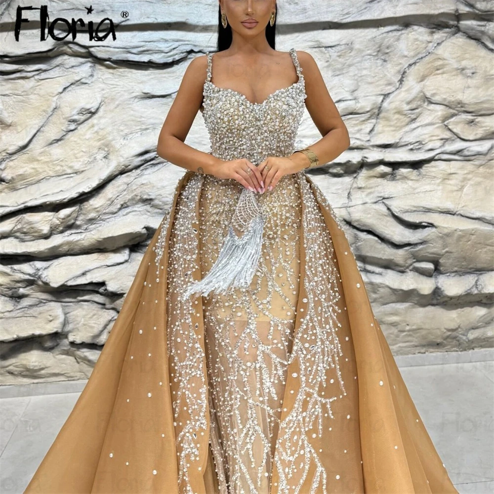 Champagne Two Pieces Evening Dress Pearls Stone Embellished