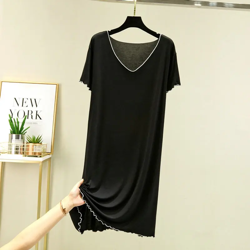 Casual V-ausschnitt Nachtwäsche Kleid Einfarbig Kurzarm frauen Nachthemden Sommer Nachthemd Weibliche Lounge Hause Tragen Nacht Hemd – Detail 14