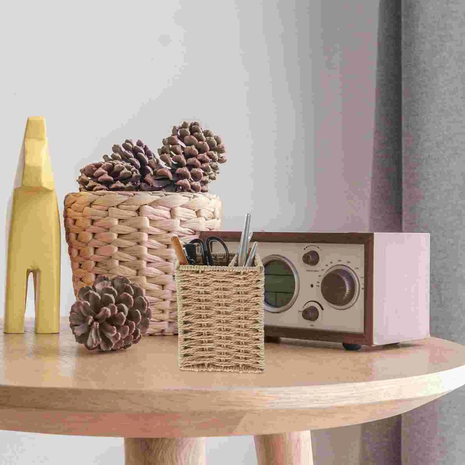 

Jute Basket Woven Storage Basket Hand Woven Seaweed Wicker Basket Desktop Pen Holder Makeup Sundries Organizer Yellow