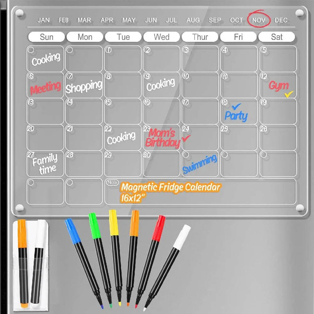 Magnetic Acrylic Dry Erase Board for Fridge w/ 8 Markers & Magnetic Pen  Holder, Clear Planning Whiteboard To Do List Kitchen Menu Board Workouts  Meal